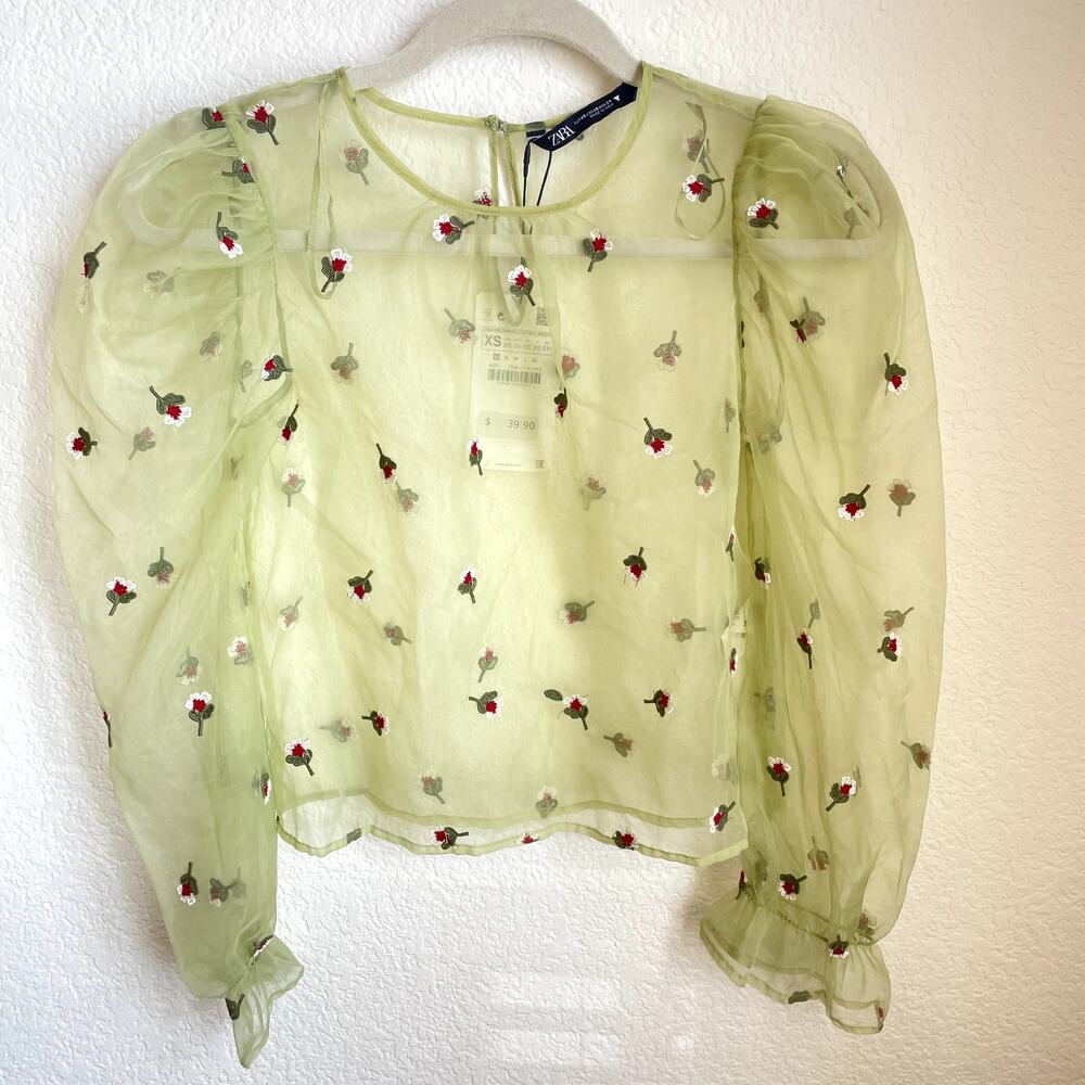 ZARA sage green floral embroidered sheer long sleeve puff womens blouse XS NEW